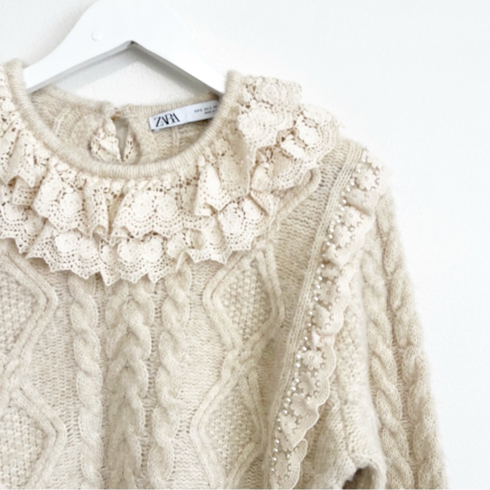 BOGO! ZARA Lace Ruffle Collar Pearl Cable Knit Sweater Cream Small - Picture 6 of 11